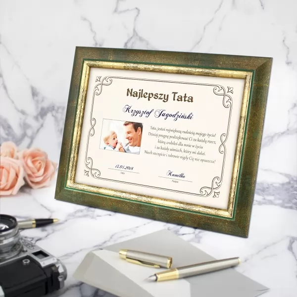 Certyfikat w drewnie na prezent  Najlepszy Tata z nadrukiem i zdjęciem
