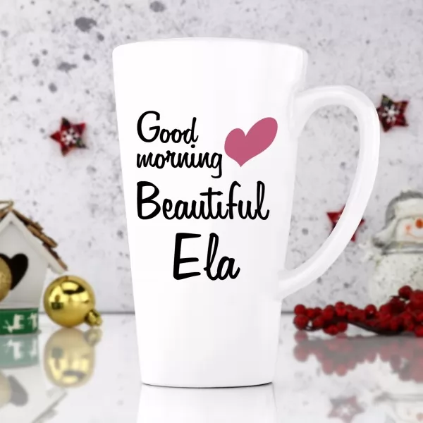 Kubek latte z jej imieniem i napisem Good morning Beautiful